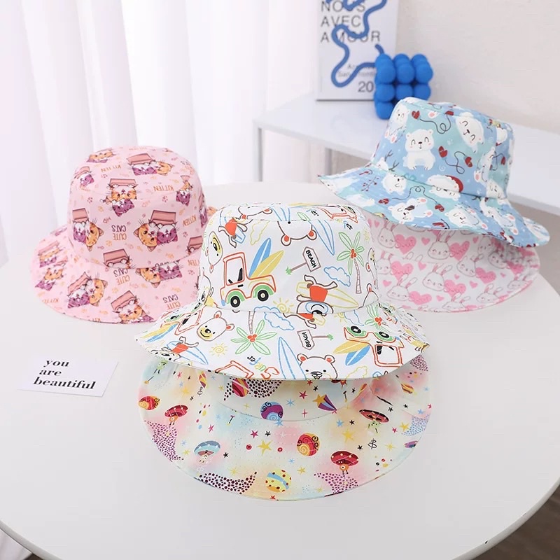 3 4 5 tahun Topi Bucket Anak Import Unisex Motif Pastel Tali Serut dan Tali Dagu