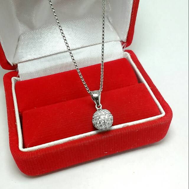 Kalung + Liontin Bola Perak Asli 925 Lapis Emas Putih