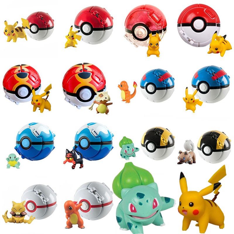 【Ready Stock】Pokemon Poke Ball Action Figure Model Toys Pikachu  Charmander Litten Rockruff Anime Figure