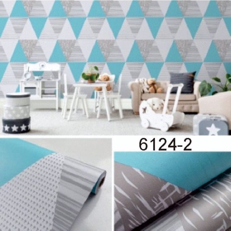 WALLPAPER DINDING MOTIF SEGITIGA BIRU ASLI 10m x 45cm