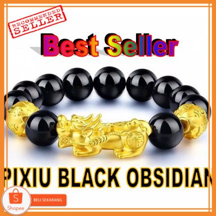GELANG UNIK GELANG KEBERUNTUNGAN PIXIU BLACK OBSIDIAN 12MM IMPORT + KOTAK
