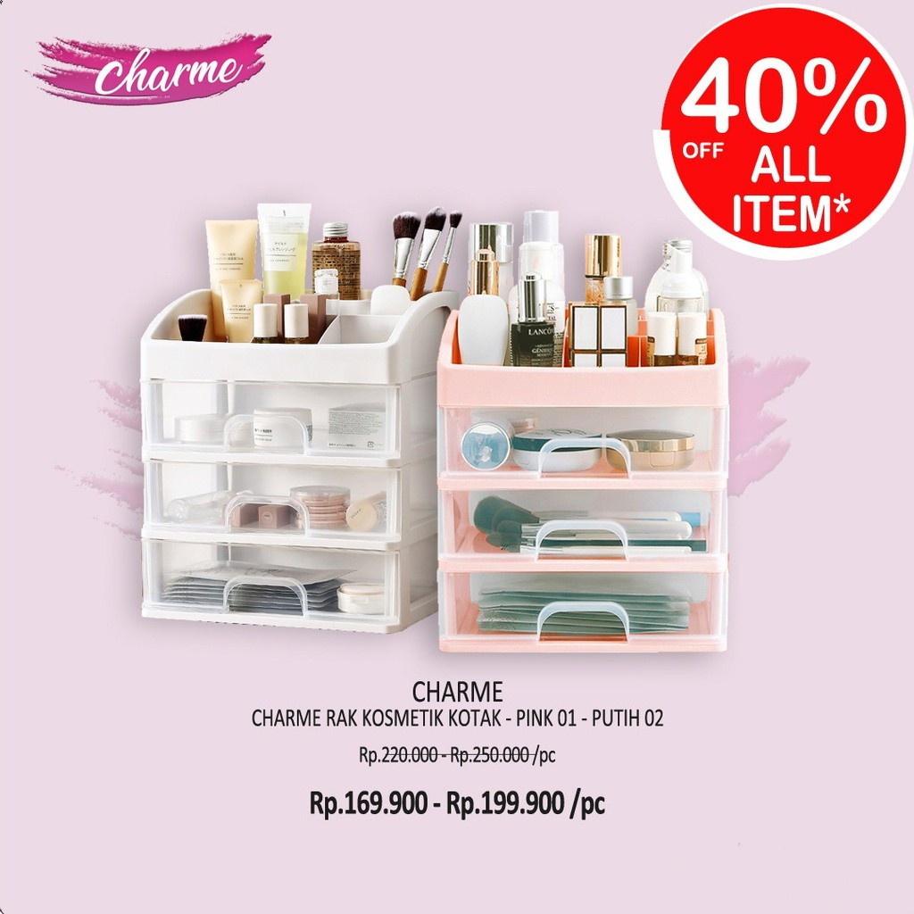 (READY &amp; ORI) Charme Rak Kosmetik Kotak Transparant PINK laci kosmetik viral unik kekinian rak makeup make up rak obat