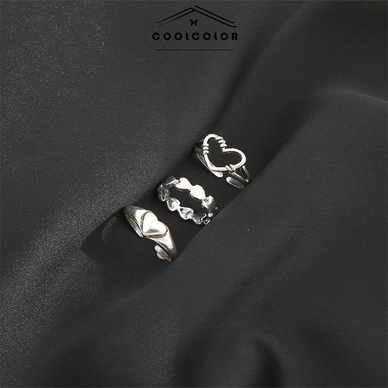 COD❤️3pcs Cincin Model Terbuka Desain Gelombang Hati Warna Silver Gaya Vintage Untuk Wanita- cl