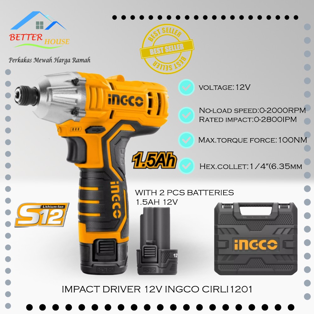 Impact Driver Cordless (12V 100Nm) INGCO CIRLI1201 Obeng Elektrik Baterai