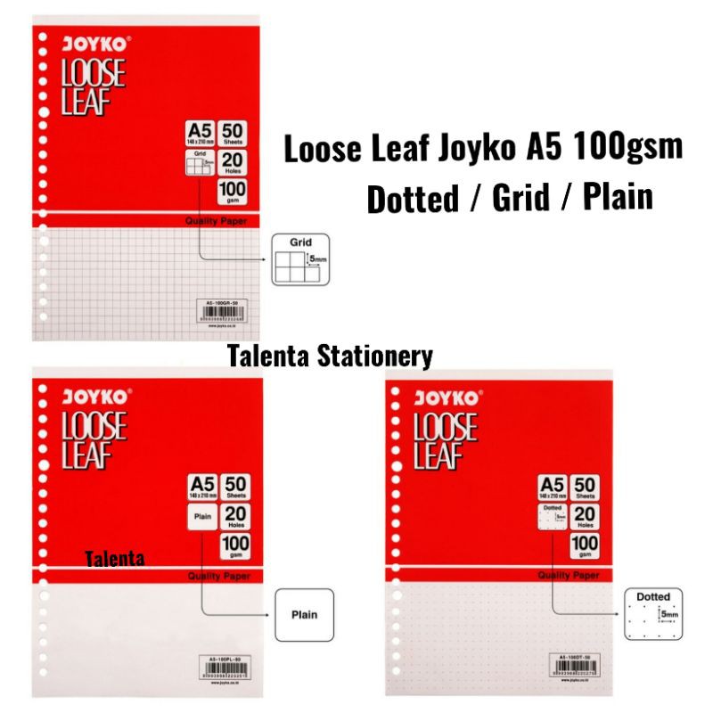 Kertas File / Isi Binder Loose Leaf Joyko A5 Dotted / Grid / Plain 50 Lembar