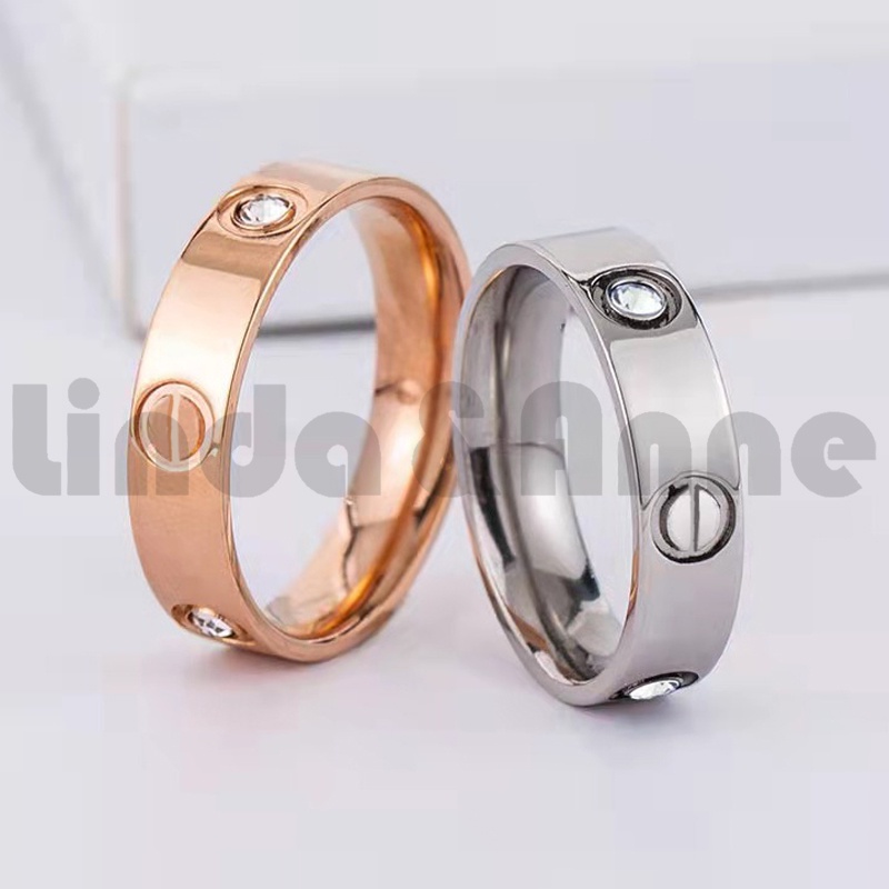 Cincin Titanium Steel Warna Rose Gold Hias Berlian Klasik Simple Unisex