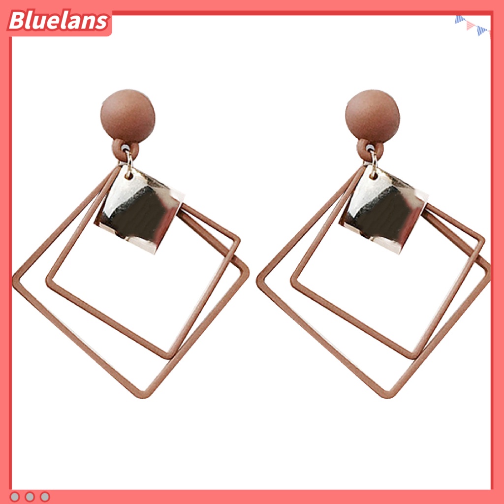 Bluelans 1 Pasang Anting Tusuk Gantung Wanita Bahan Alloy Desain Persegi Ganda Untuk Hadiah