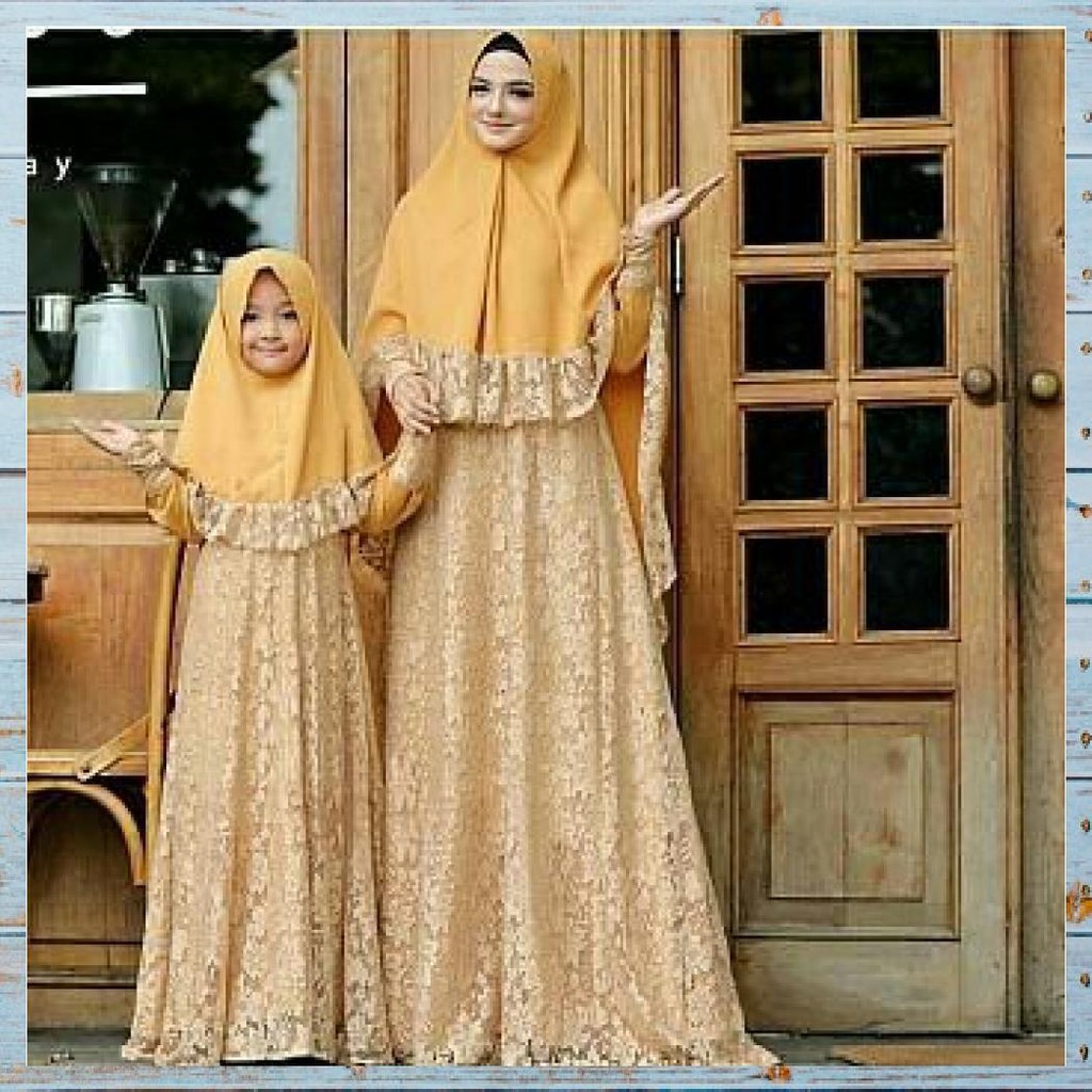 Couple Naura Brukat + Jilbab Baju Muslim Ibu Dan Anak Gamis Syari