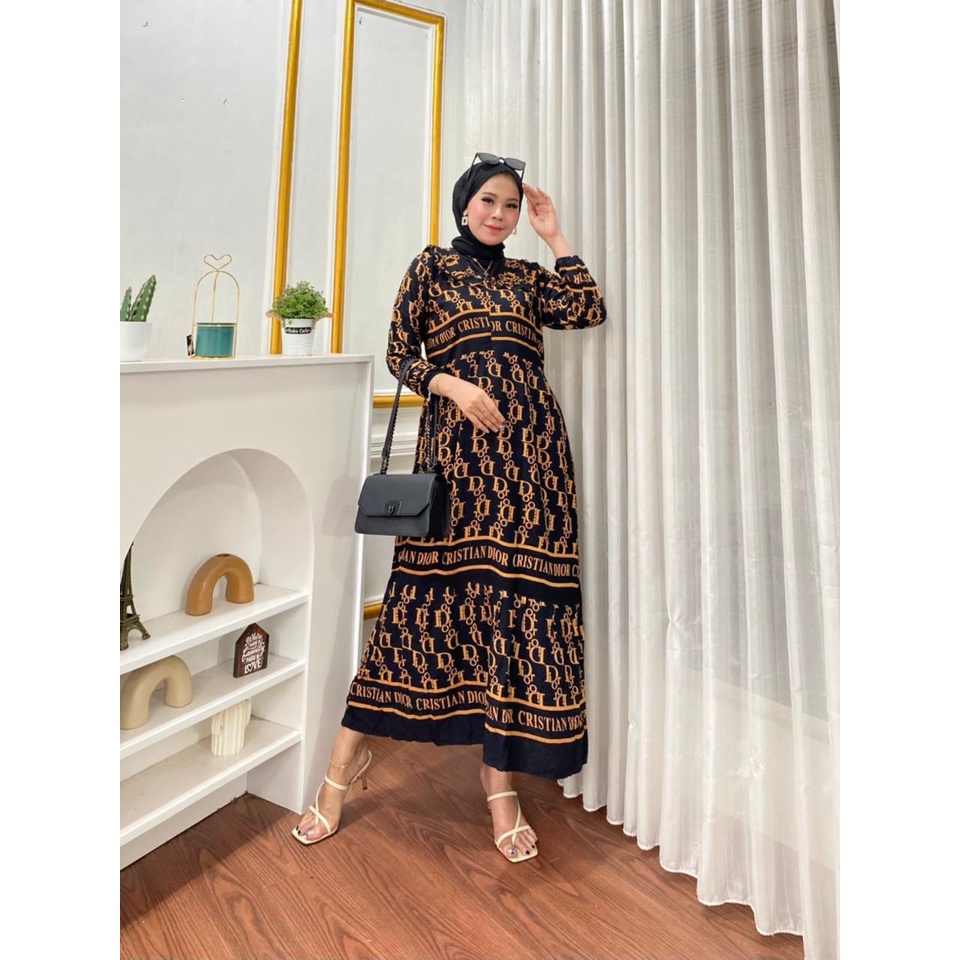 COD - Asmiranda Maxy Gamis Muslim Aurora Dress Shakila Aksen Renda Brukat Import Ld  110 Fit S - XL ( Free Bros ) Fashion Maxi Wanita Pesta Kondangan Modern Termurah Terlaris-MD DIOR HITAM