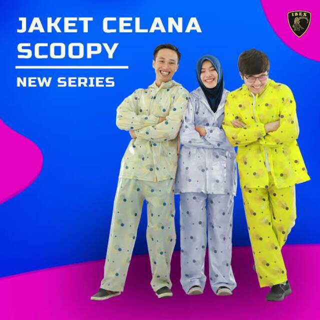 Jas Hujan Jaket Celana Ibex Scoopy Motiv Bulat Transparan / Jas Hujan Dewasa Scoopy / Jas Hujan Wanita Pria Motif Trendy Fashion