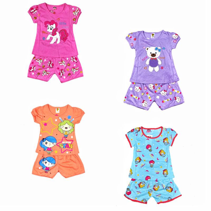 SETELAN KLEPON BAJU ANAK PEREMPUAN 2-7 TAHUN MOTIF RANDOM CELANA PENDEK LENGAN PENDEK