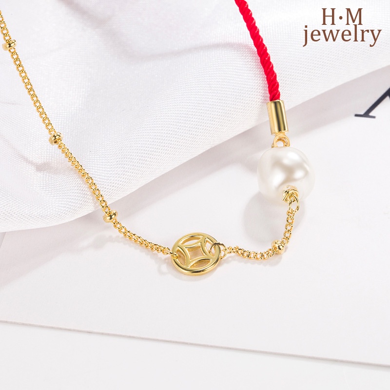 Gelang Tali Merah Aksen Mutiara Bahan S925 Silver Gaya Retro