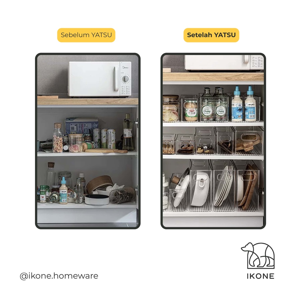 【IKONE】YATSU Organizer Box Dapur Transparent Organizer Panci Talenan Piring Perapi Serbaguna Penyimpanan Sendok Pisau Alat memasak Dapur Organizer Perlengkapan Dapur Bening Aesthetic Organizer Rumah Lengkap Homeliving