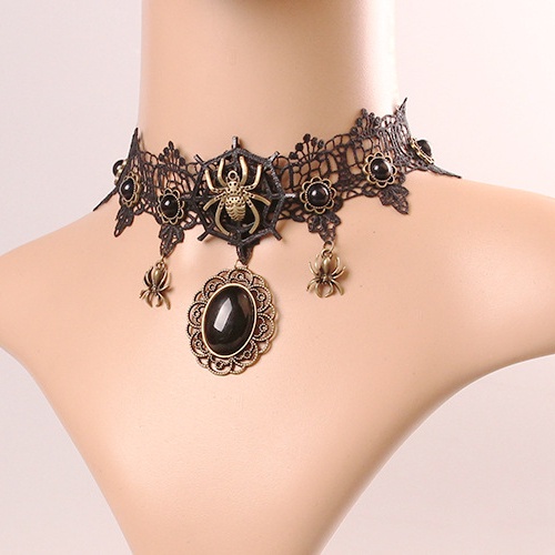 Vintage Gothic Embroidery Spider Choker with Stone Pendant 8514