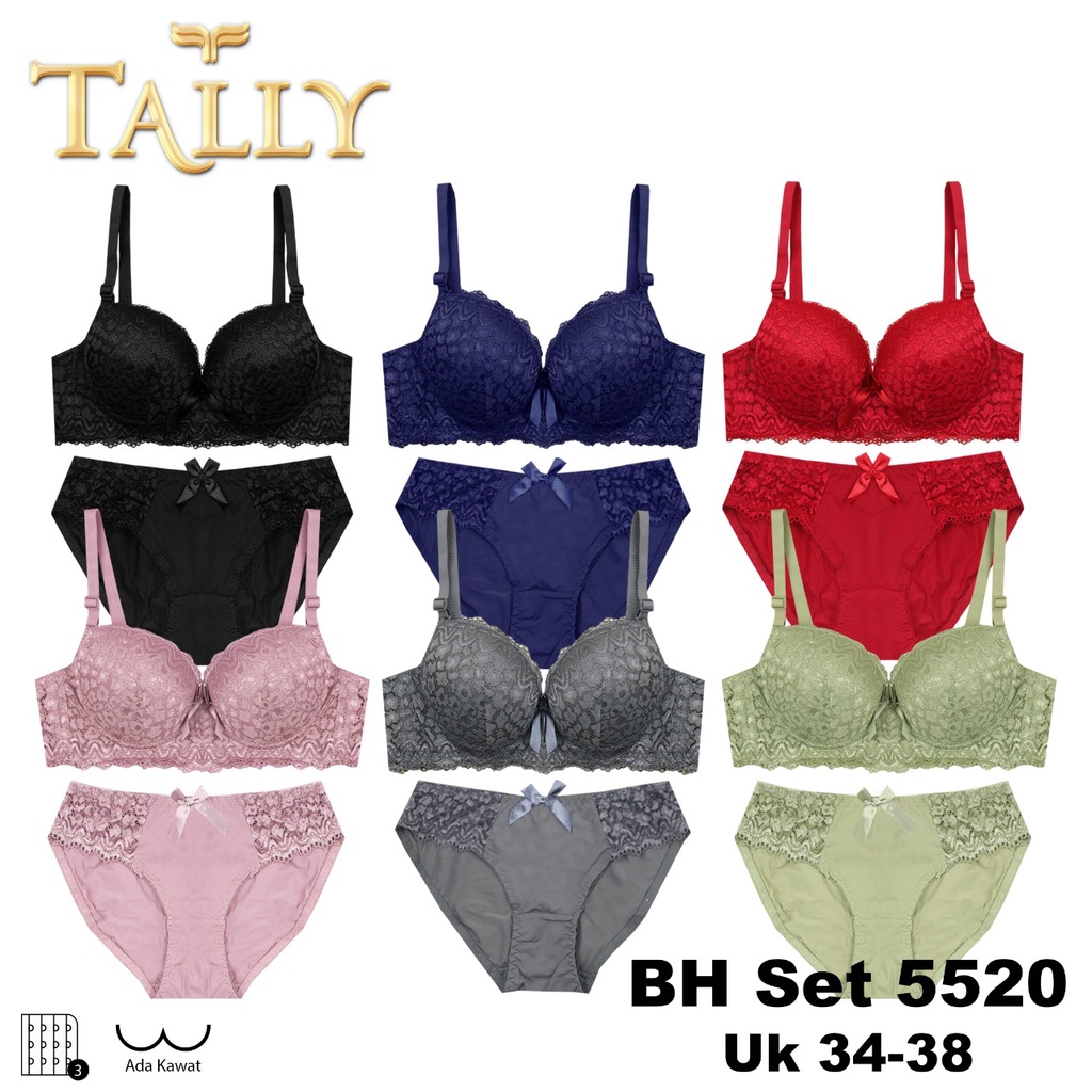 TOKO KL | TALLY Bra Set Ada Kawat Busa Tipis Bahan Brokat Cup B Kait 3 Bh Set Renda BS 5520