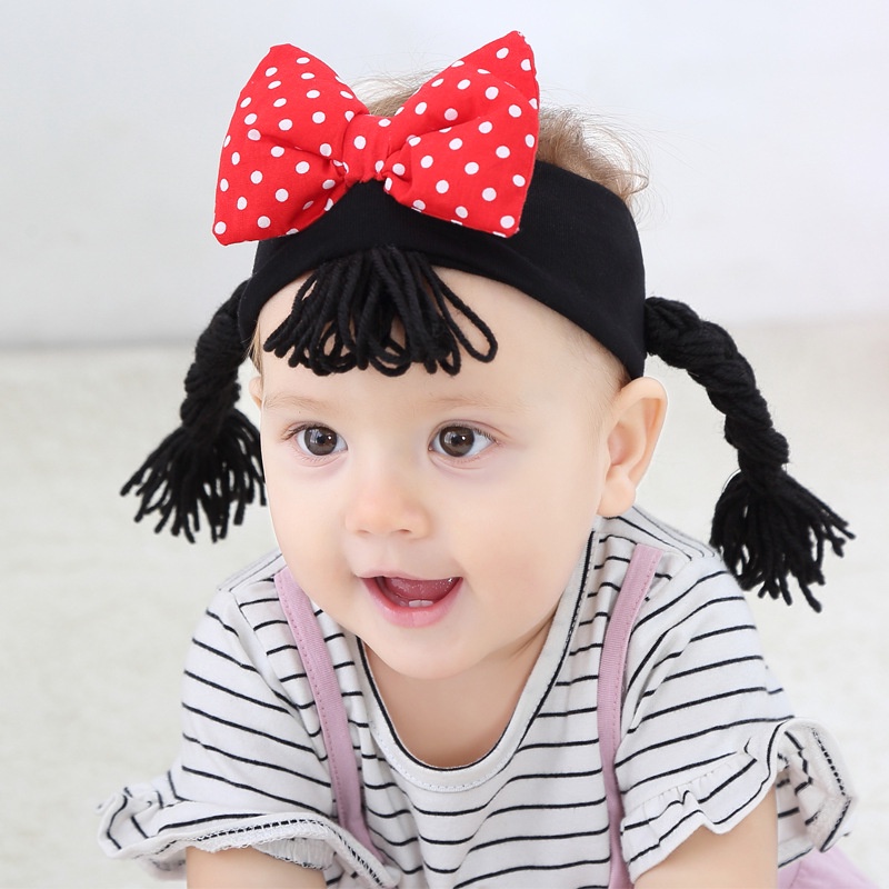 Bandana Bayi Elastis dengan Rambut Palsu / Headband Bayi Anak Perempuan / Bandana Pita Model Kepang