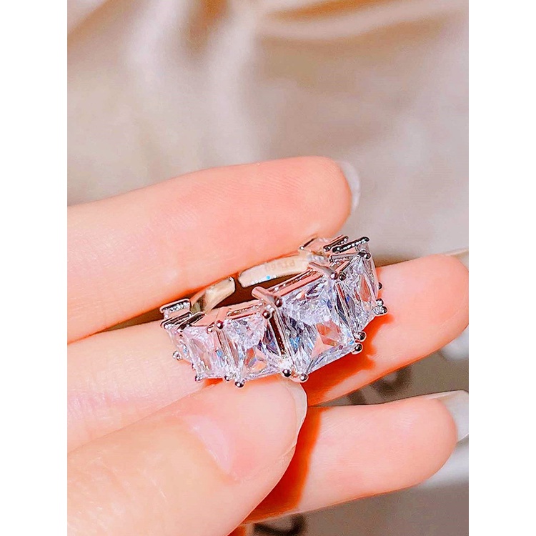 Fancyqube Cincin Berlian Imitasi Bentuk Kotak Warna Silver Model Terbuka Dapat Disesuaikan Untuk Wanita