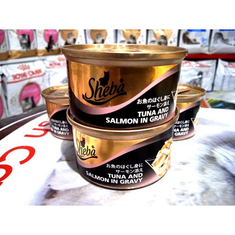 Sheba kaleng 85gr makanan kucing Tuna and salmon in gravy