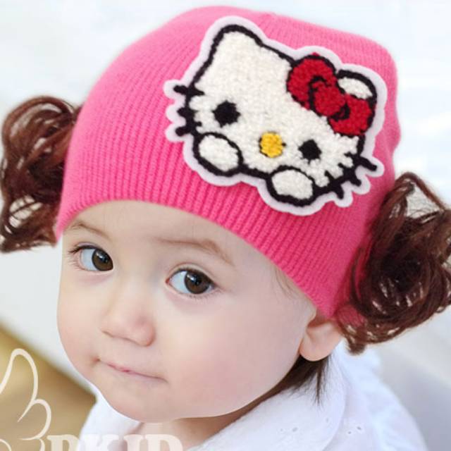 1234OS - TOPI KUPLUK RAJUT BAYI MOTIF KITTY &amp; LOVE/ TOPI UNISEX /  BABY HAT WIG / KUPLUK IMUT