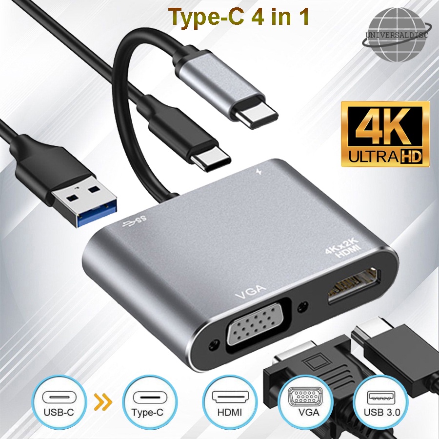 USB Type C to VGA HDMI USB 3.0 Hub Adapter 4 in 1