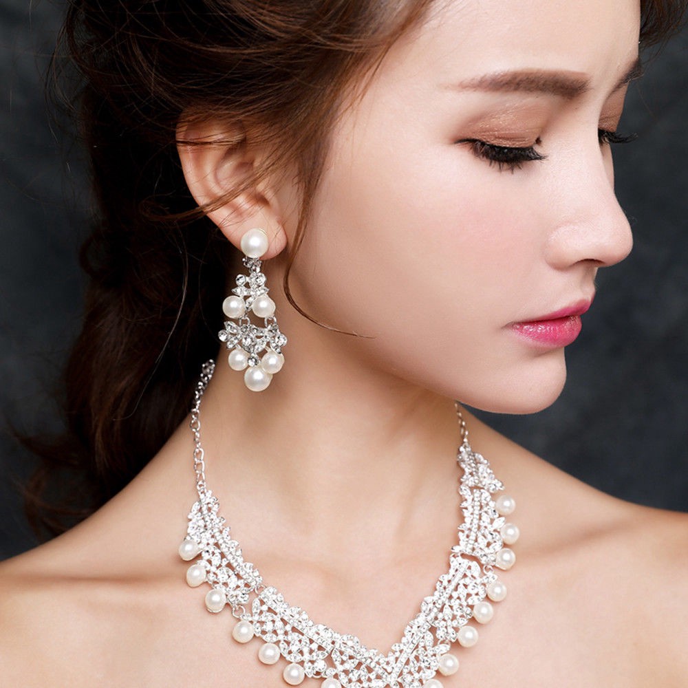 Set Mahkota+Anting+Kalung Hias Berlian Imitasi+Mutiara untuk Pengantin