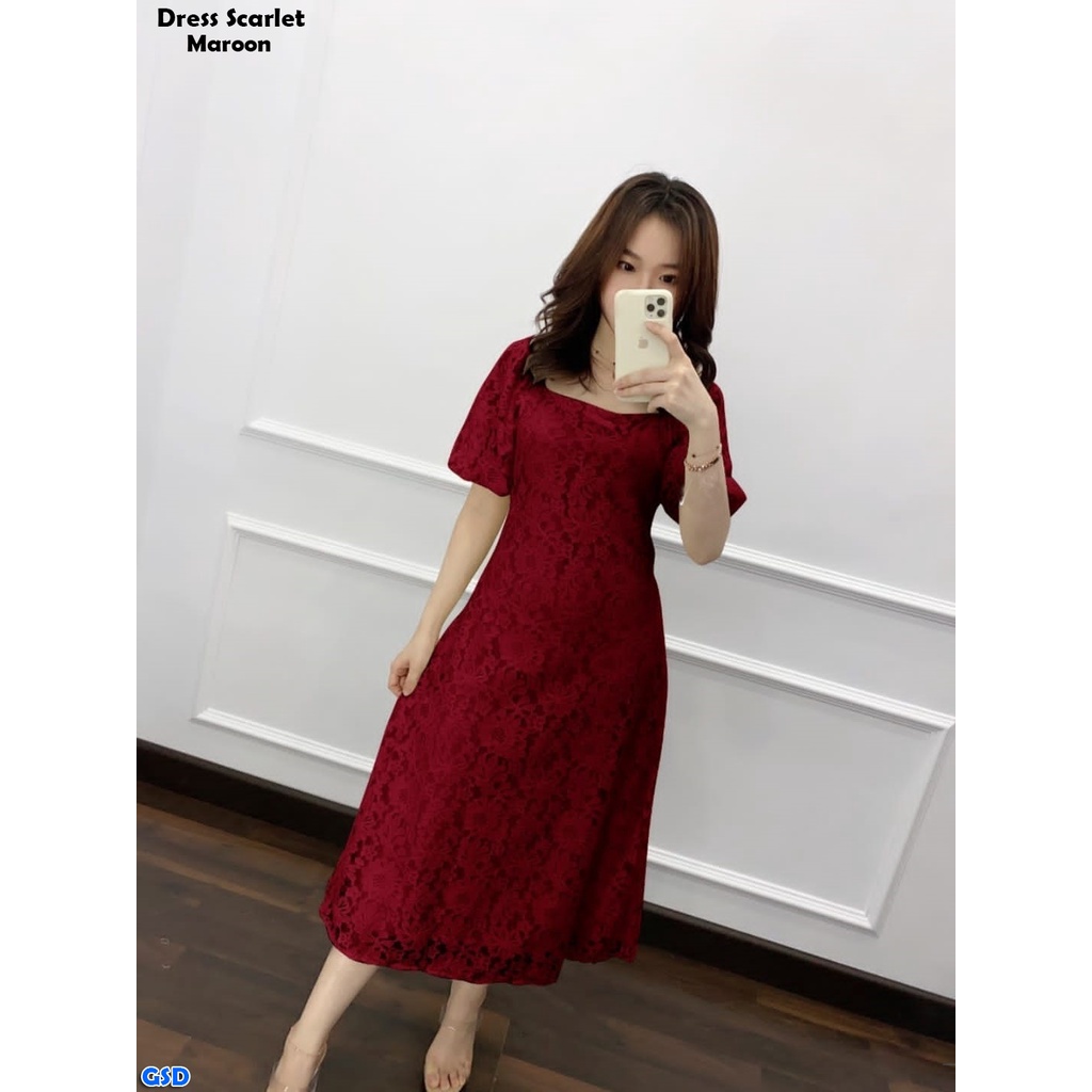 Scarlet/Gaun Pesta Wanita  Dress Asli Baju Natal Casual Bahan Brukat Corneli Lapis Furing