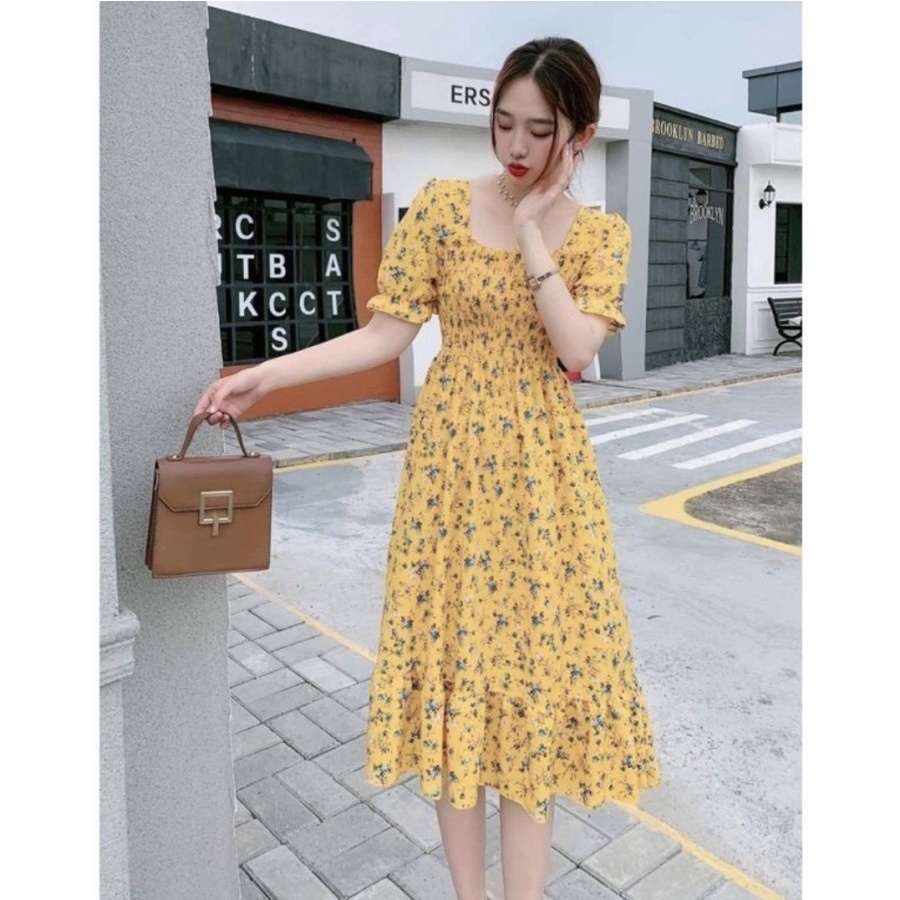 DRESS POLYESTER KOREAN LOOK BEACH DRESS MIDI KARET MOTIF FLOWER