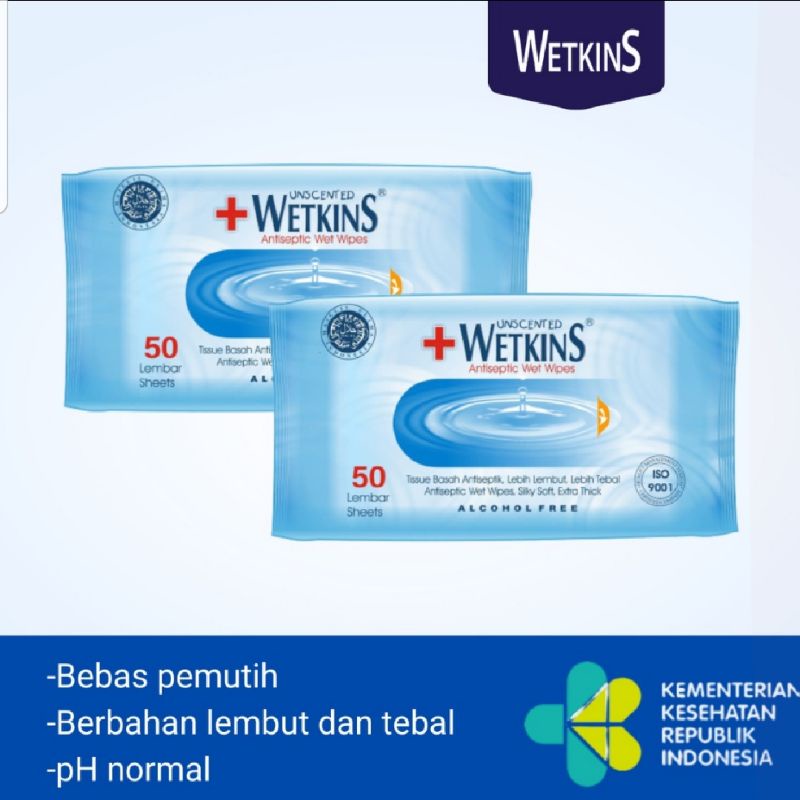 Beli 1 Gratis 1 Tisu Basah Antibacterial Antiseptik isi 50 Lembar Wetkins Antiseptic 50's