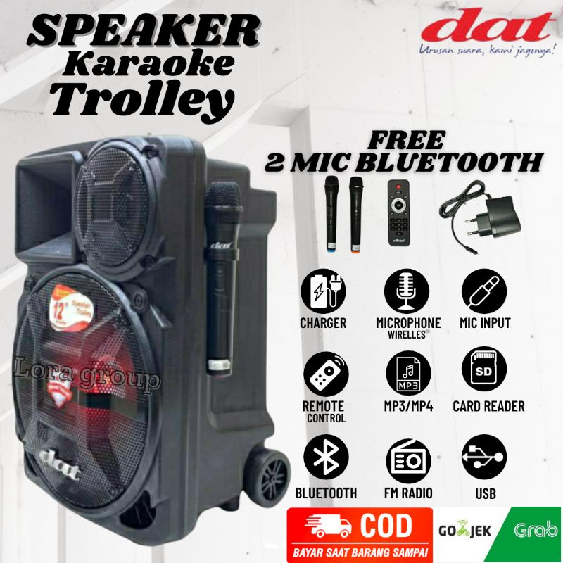 Speaker Aktif 12 inch DAT DT 123 Bluetooth Portable Radio Karaoke + 2 Mic Wireless Speaker Karaoke