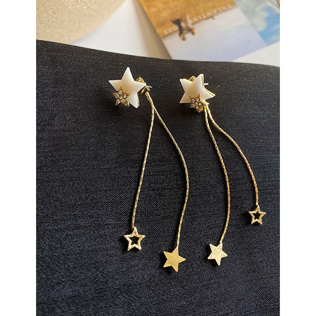 LRC Anting Tusuk Fashion Golden Tassel And Diamond Five-pointed Star Alloy Earrings K88062