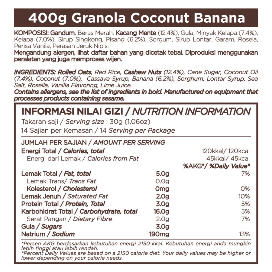Yava East Bali Cashews Granola Coconut Banana 400gr Oats Sereal Oatmeal Yava