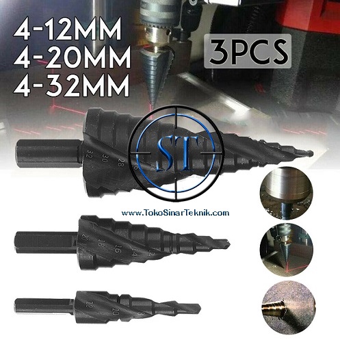 3 Set Mata Bor Pagoda Spiral Titanium Coated HSS Metal Step Drill Black Nirit ISi 3 Ukuran Besi Baja Kayu