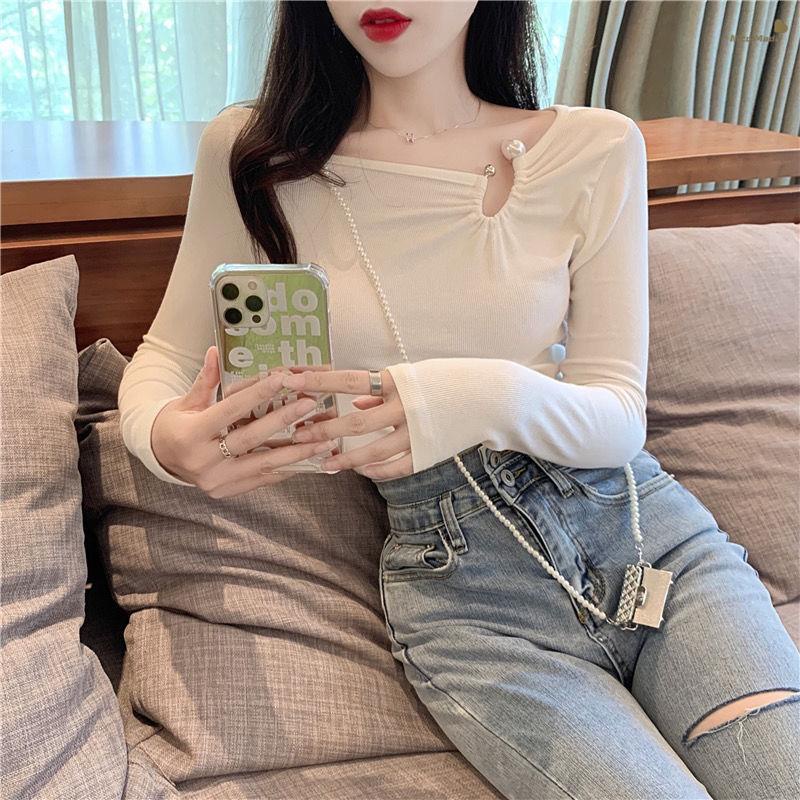 Nico## crop top T-shirt kecil wanita atasan lengan panjang mutiara T Shirt bottoming ramping