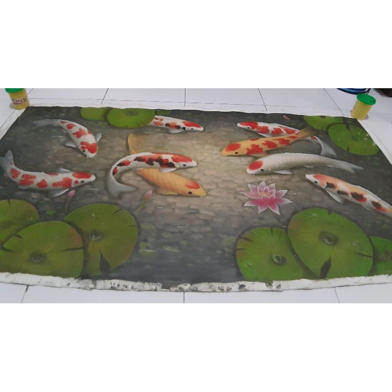 Lukisan  Antik Kanvas Ikan Koi  Asli Bawa Hoki 120 x  60