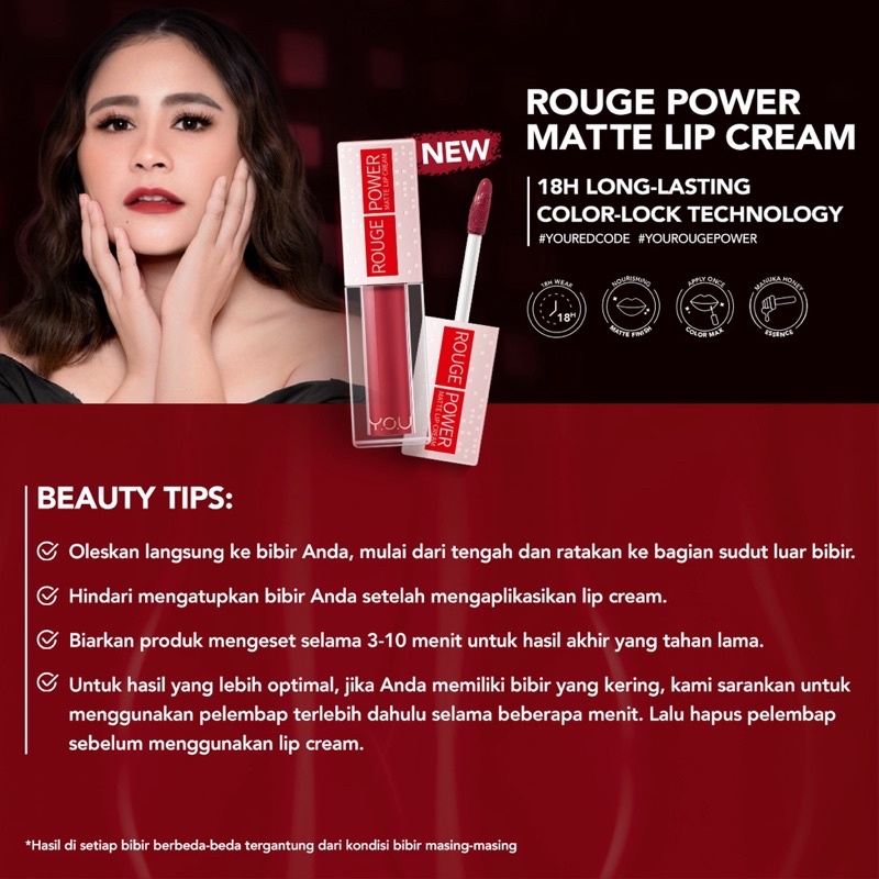 YOU Rouge Power Matte Lip Cream | Matte Finish &amp; Tahan Lama