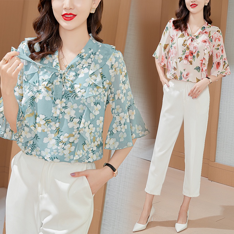 COD New 2022 Fashion Korean Chiffon Floral 3/4 Sleeve Shirts Pink Blue Women Blouse Tops Pakaian Serban