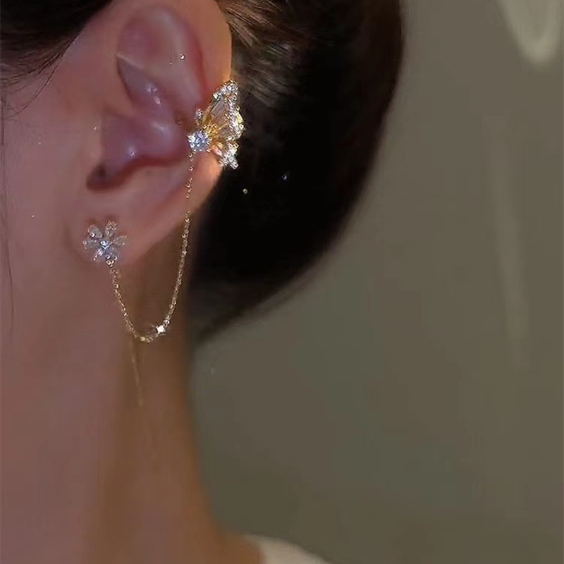 Anting Rumbai Desain Bunga Kupu-Kupu One Piece Aksen Berlian Zircon Gaya Korea Untuk Wanita