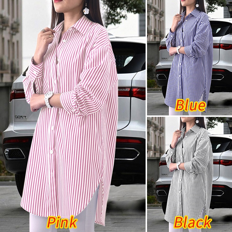 ZANZEA Women Fashion Long Sleeve Lapel Loose Stripe Printed  Button Down Blouse