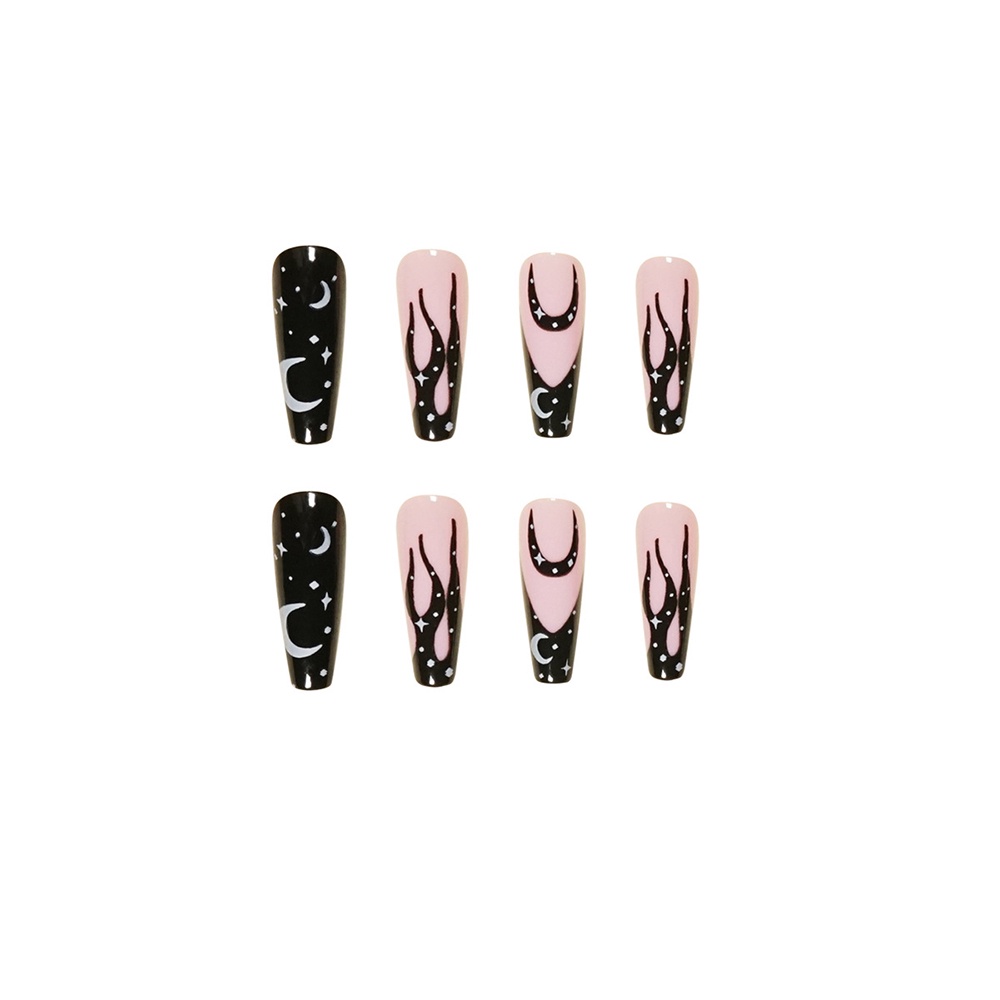 24 Pcs Patch Kuku Palsu Desain Bulan Bintang Warna Hitam Dan Putih Untuk Dekorasi Nail Art