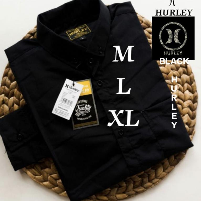 93z>< Kemeja Hitam Polos Lengan Panjang Slimfit Hurley