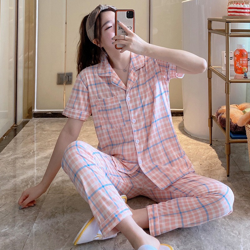 Baju Tidur Wanita Dewasa Piyama Set Kekinian Model Kemeja CP Kotak Series Import