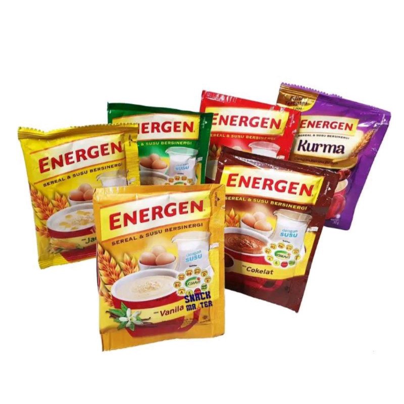 

Energen renteng /10pcs..Coklat,vanila,jagung,kacang ijo,jahe & kurma