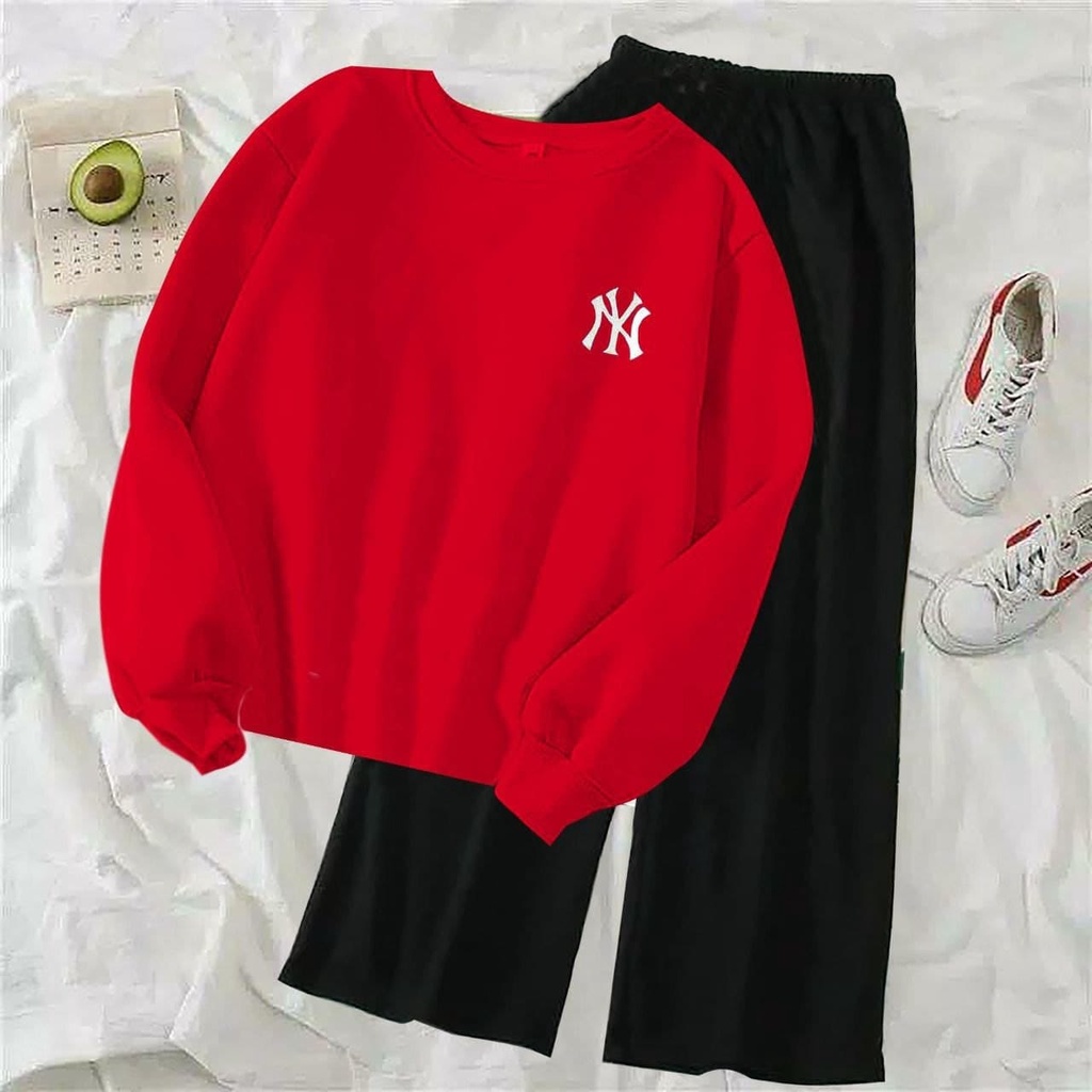 (COD)ST NY / Stelan Kulot Polos Wanita / Stelan Sweater Terlaris / Stelan NY Bordir / Sweater Lengan Panjang&Celana Kulot Viral-MERAH ATASAN SAJA
