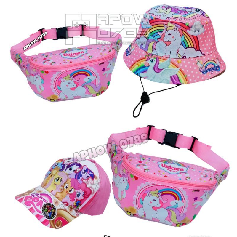 Paket 2in1 Tas Waist bag Anak Perempuan Unicorn Dan LOL Free Topi Print Usia 2-10thn