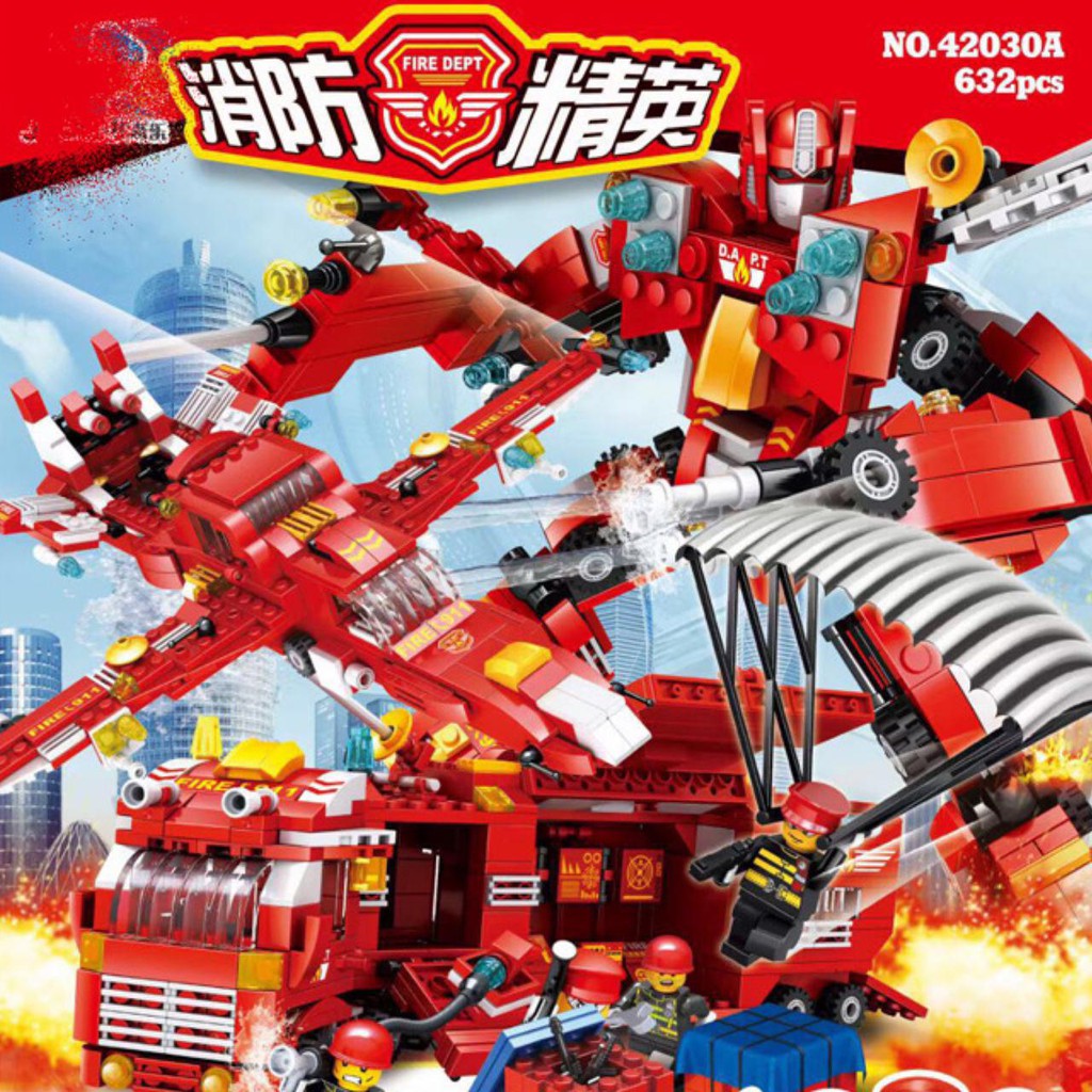 [FUNNY]631pcs Mainan Balok Susun Robot Mobil Pemadan Kebakaran / Balok Classic Transformer Fire Fighter