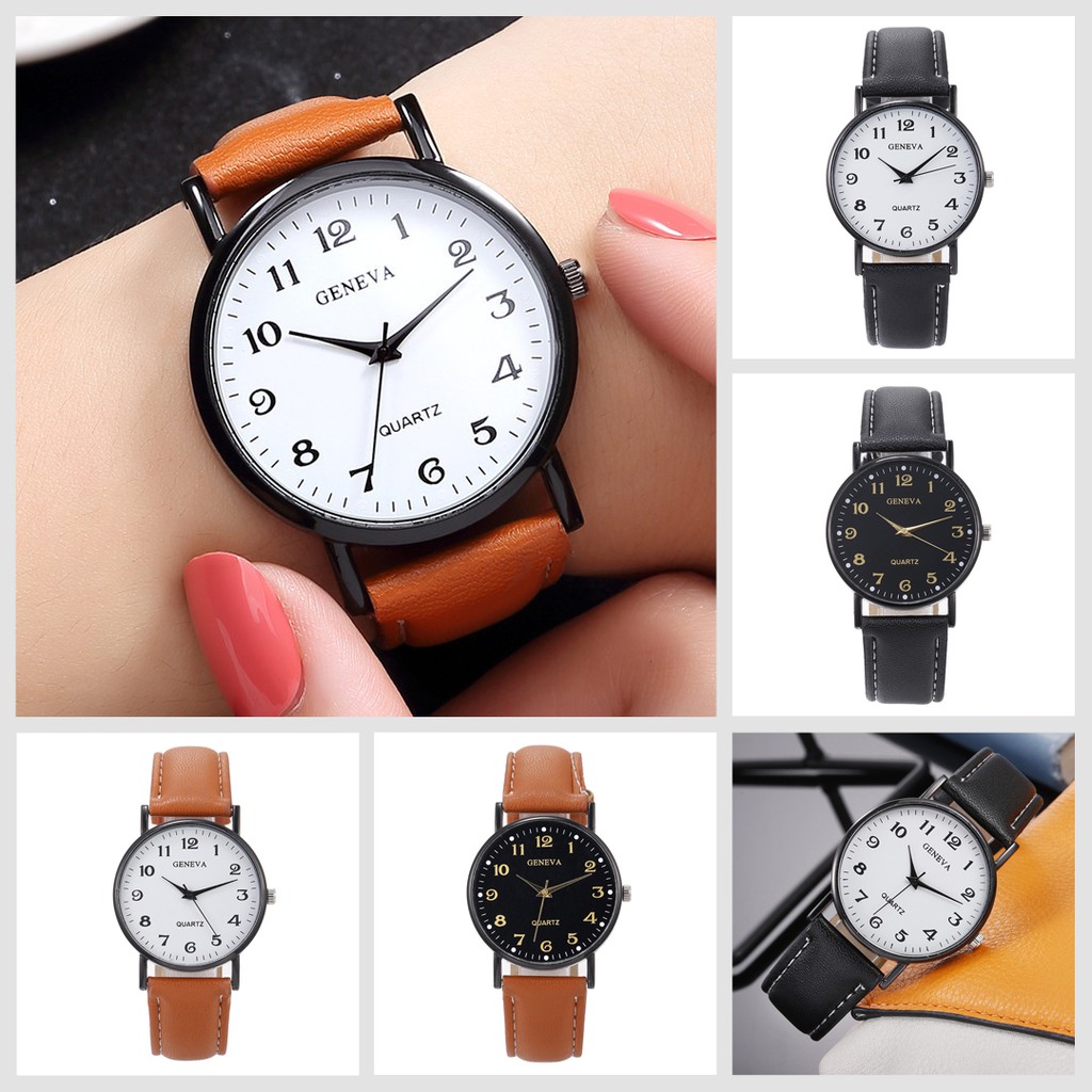 Jam Tangan Geneva Wanita Dan Pria Strap PU Leather Analog Quartz Elegan High Quality