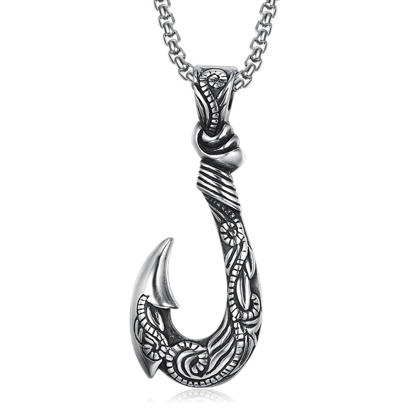 Retro Viking fishhook pendant necklace for men's punk jewelry