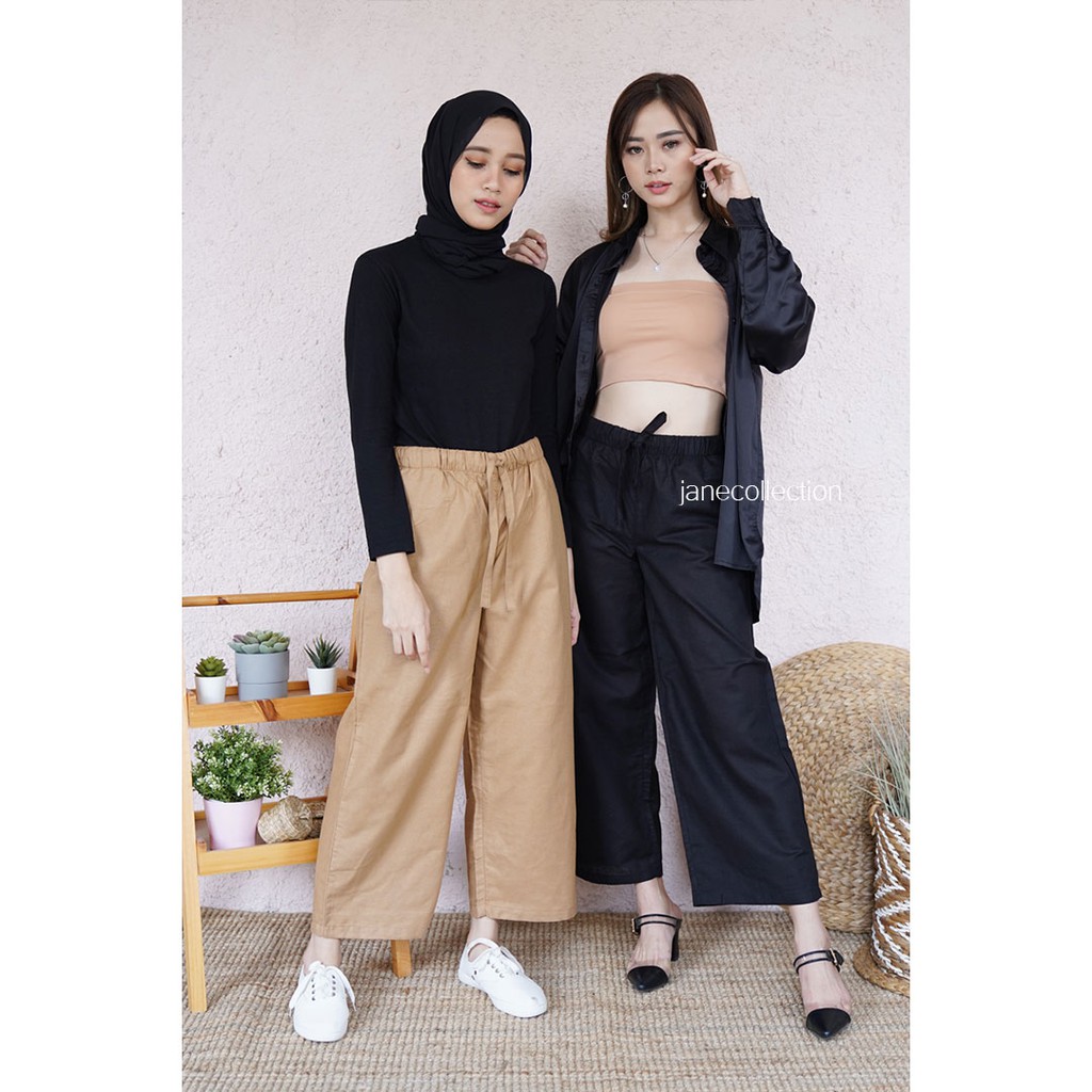 JANE COLLECTION | Celana Panjang Kulot Wanita Kerja Linen Rami Bianca Pants High Waist Cullote Hitam