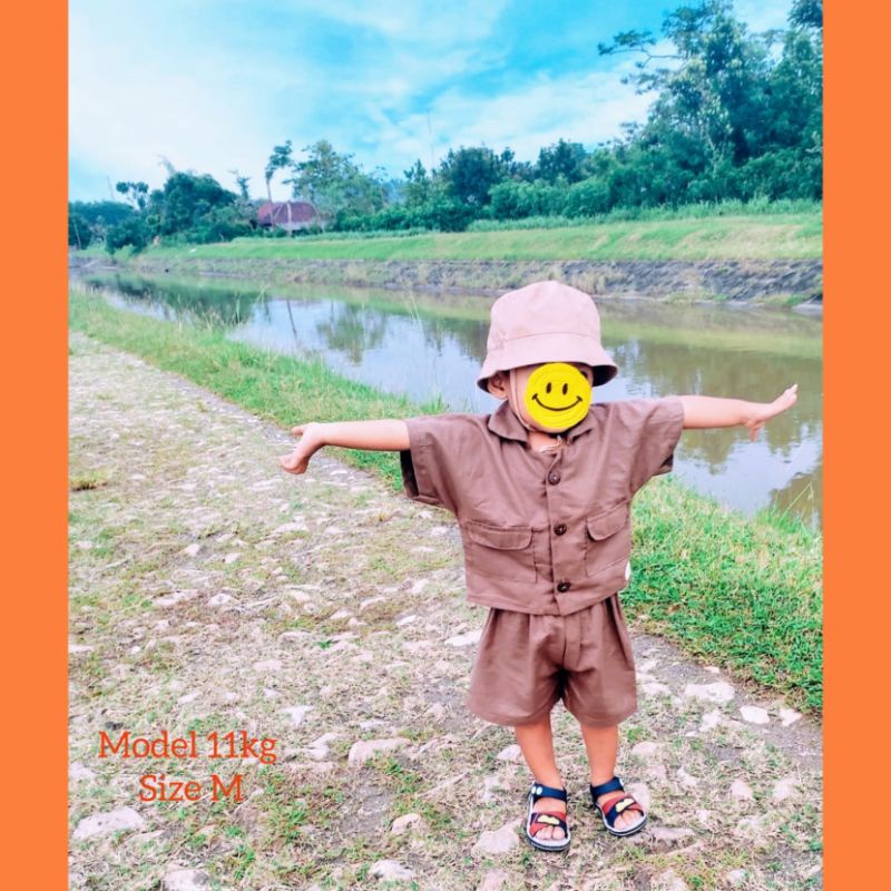 Baju safari anak topi buket setelan baju kemeja celana anak bayi zoo set