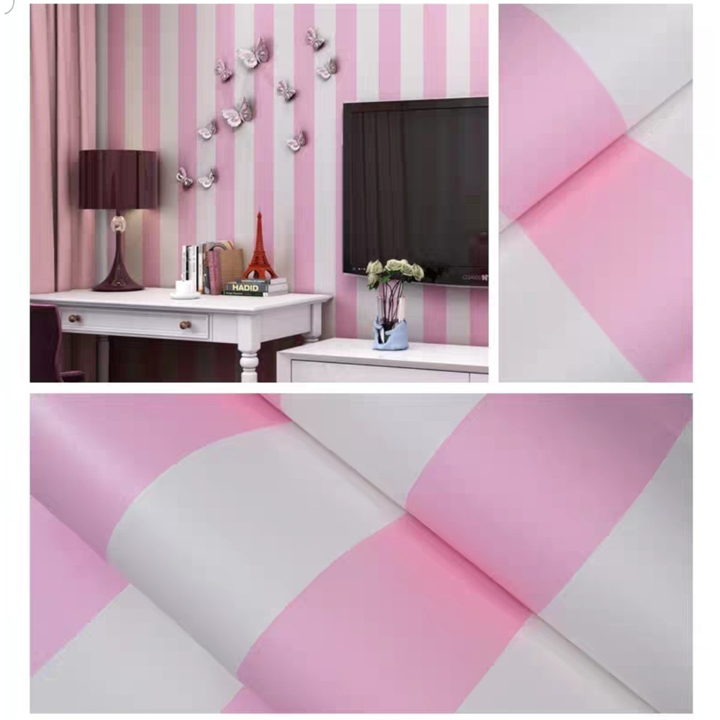 Wallpaper Sticker Dinding Motif Salur Garis Besar Pink Putih uk 45cm x 10m